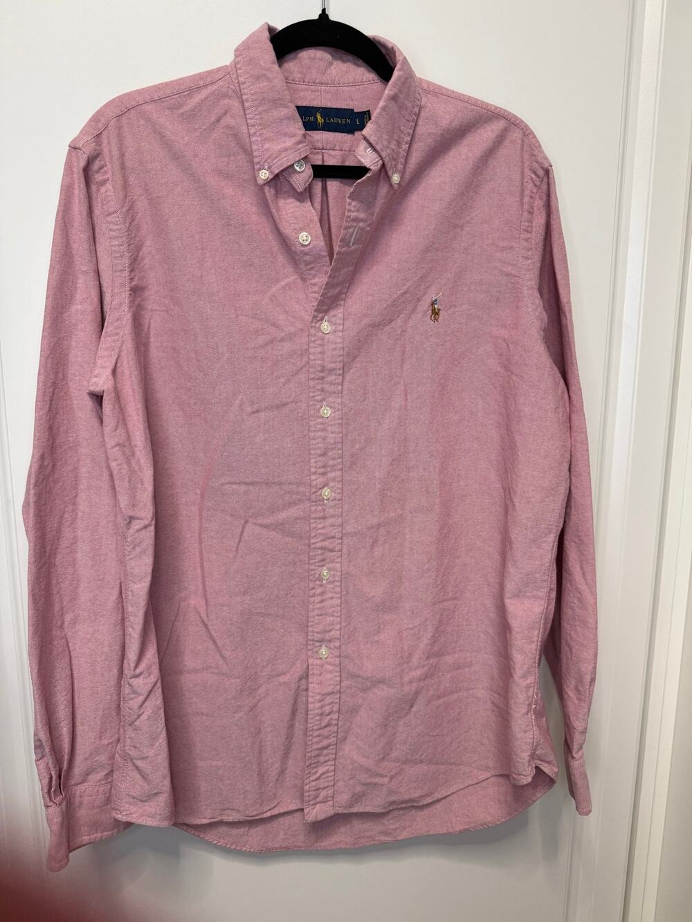 Ralph Lauren men's long-sleeve button-down shirt pink salmon iconic pony logo L
